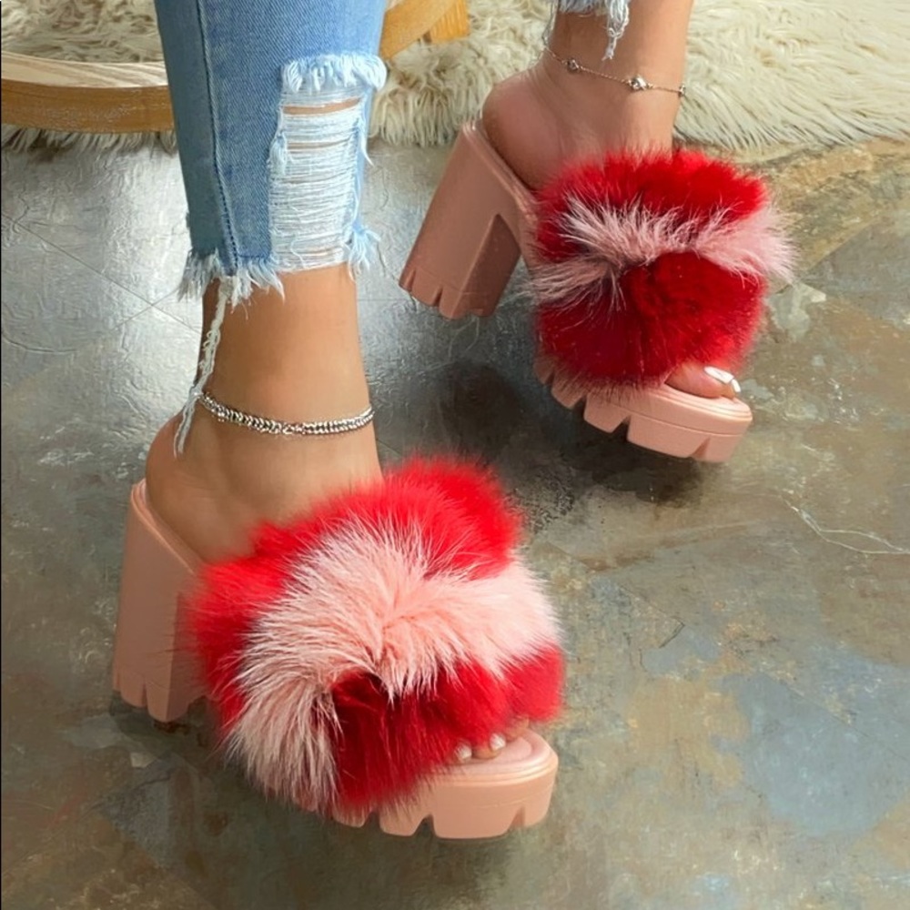 Red and pink fur mules